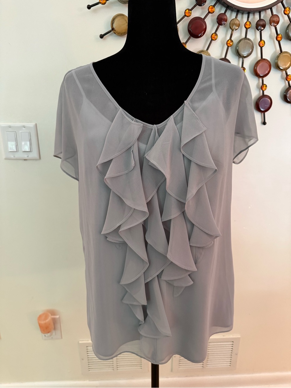 Talbots Light Gray Ruffle Front Blouse